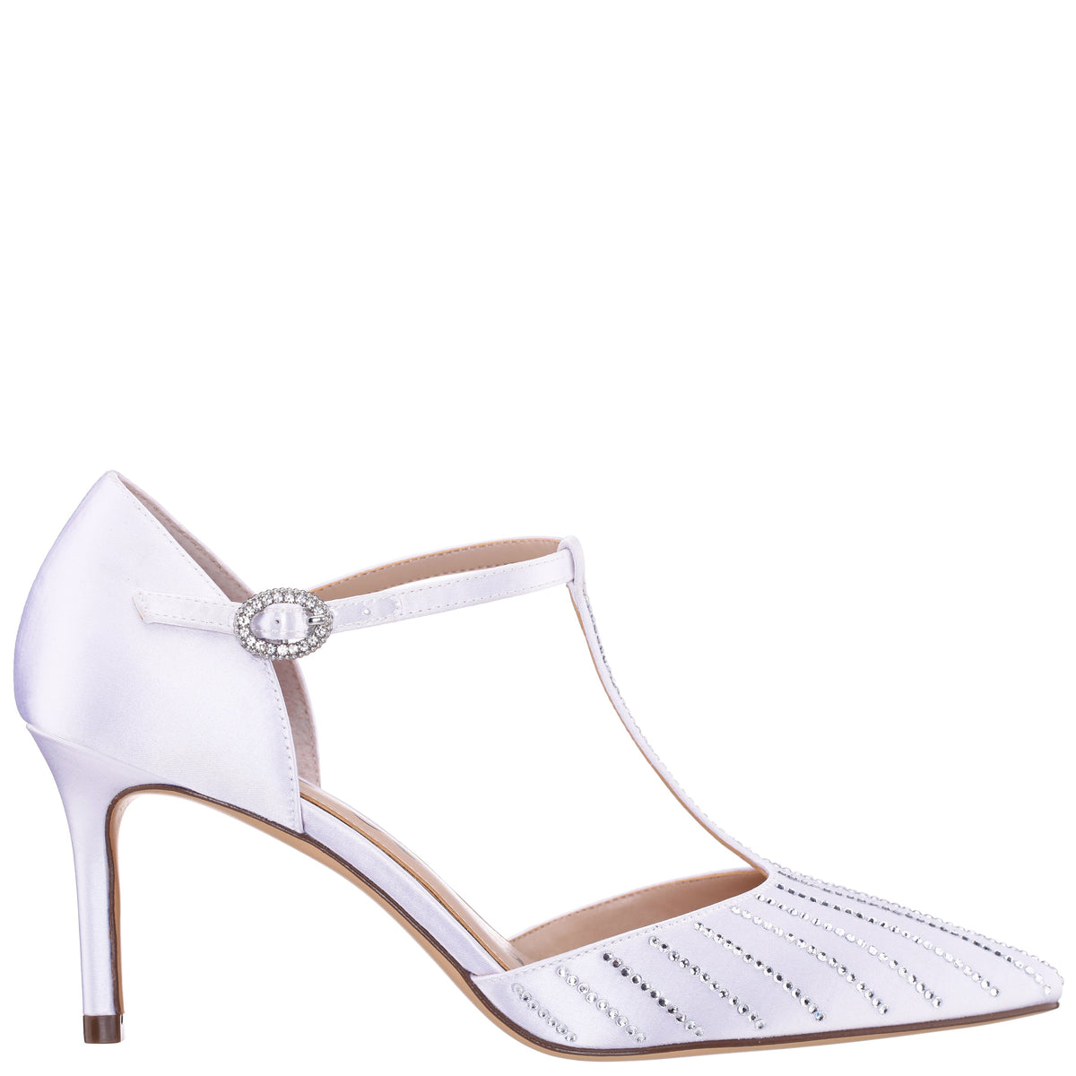 Neddie White Satin T-strap Mid-Heel Pump | Nina Shoes