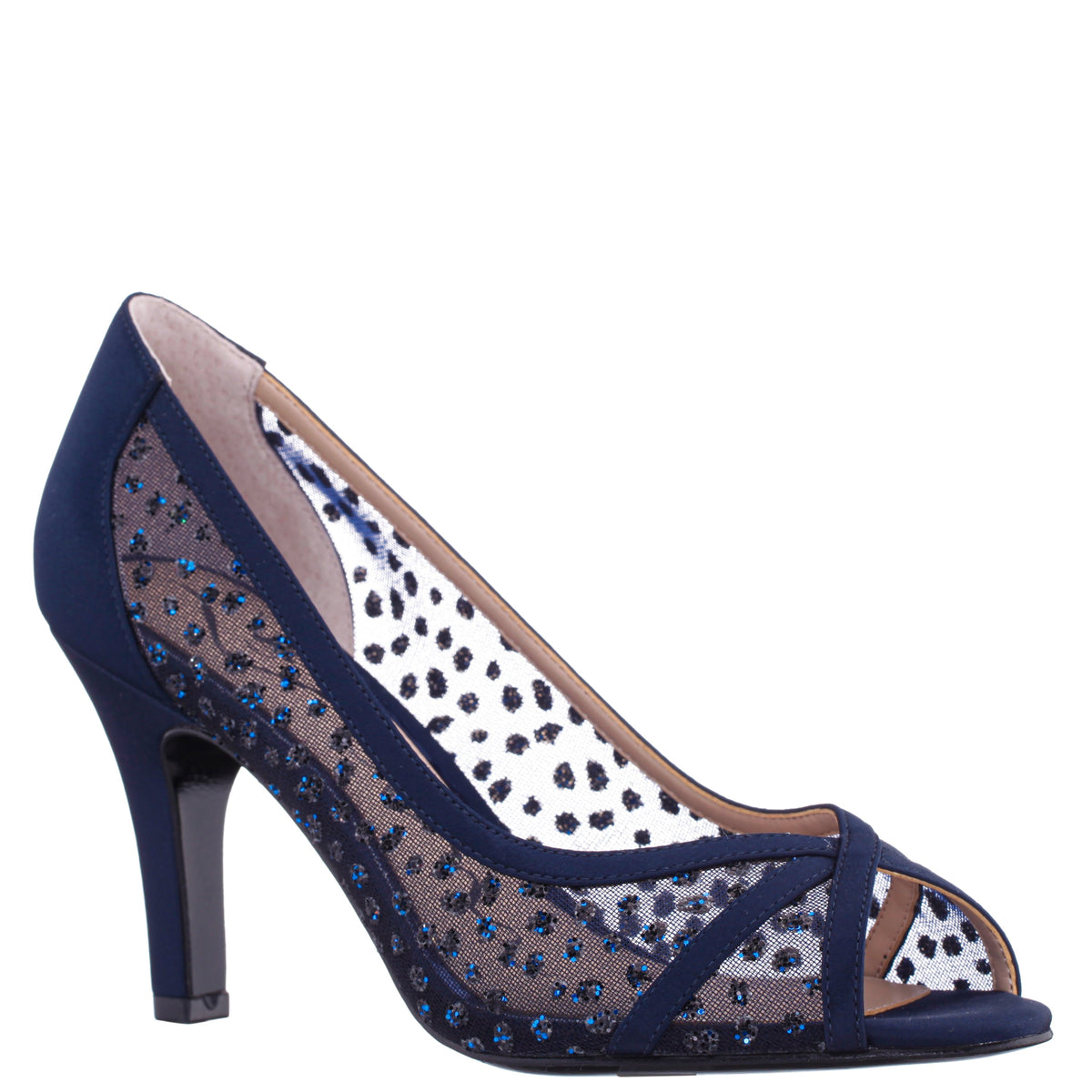 Flavia Blue Satin Mid-Heel Peep Toe Pump | Nina Shoes