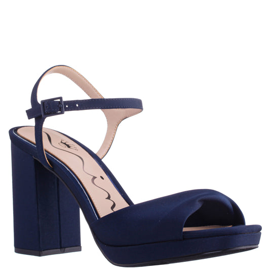 Suzon Navy Satin Block Mid-Heel Platform Sandal | Nina Shoes