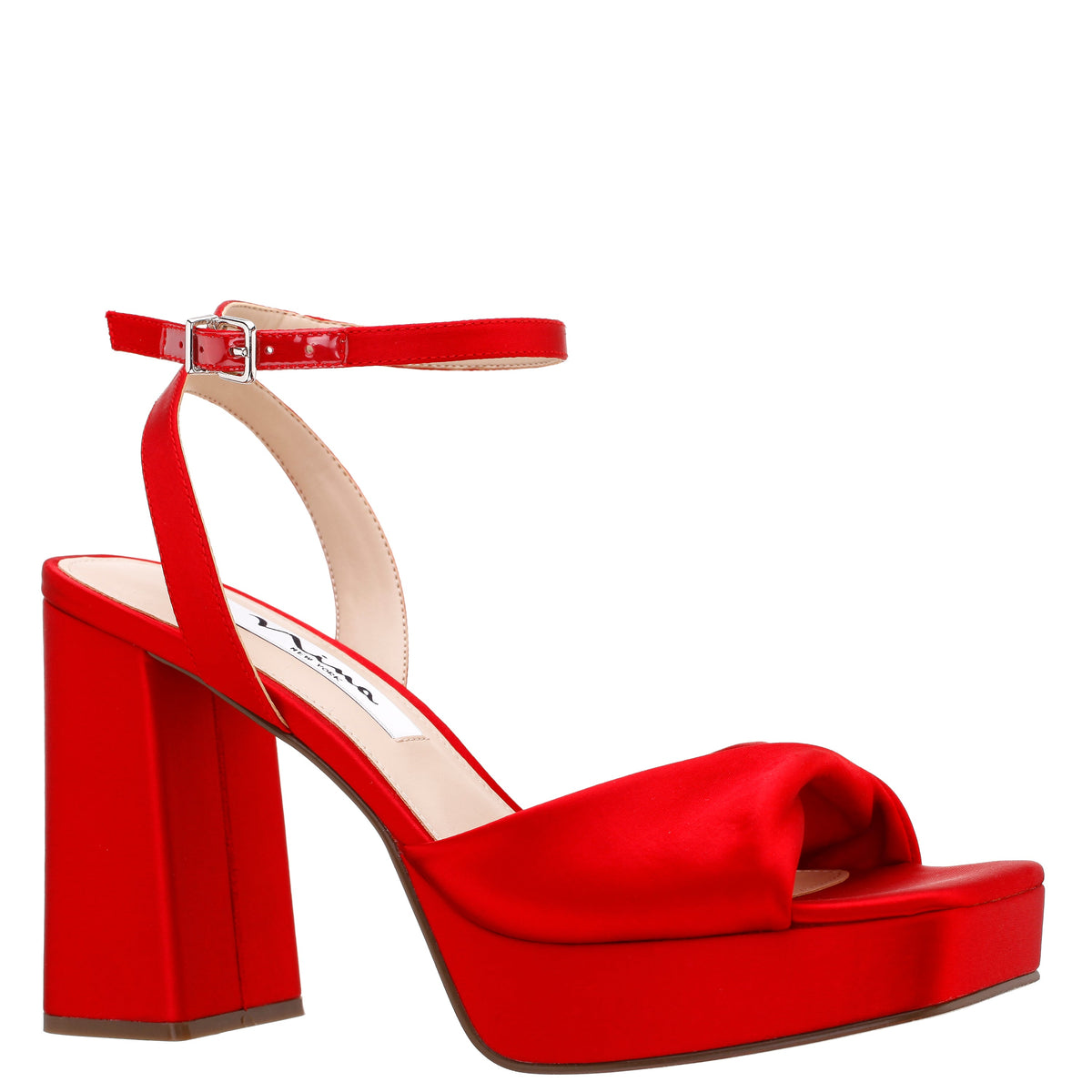 Stacie Red Satin Block-Heel Platform Sandals with Twist-Front and Ankle-Strap | Nina Shoes