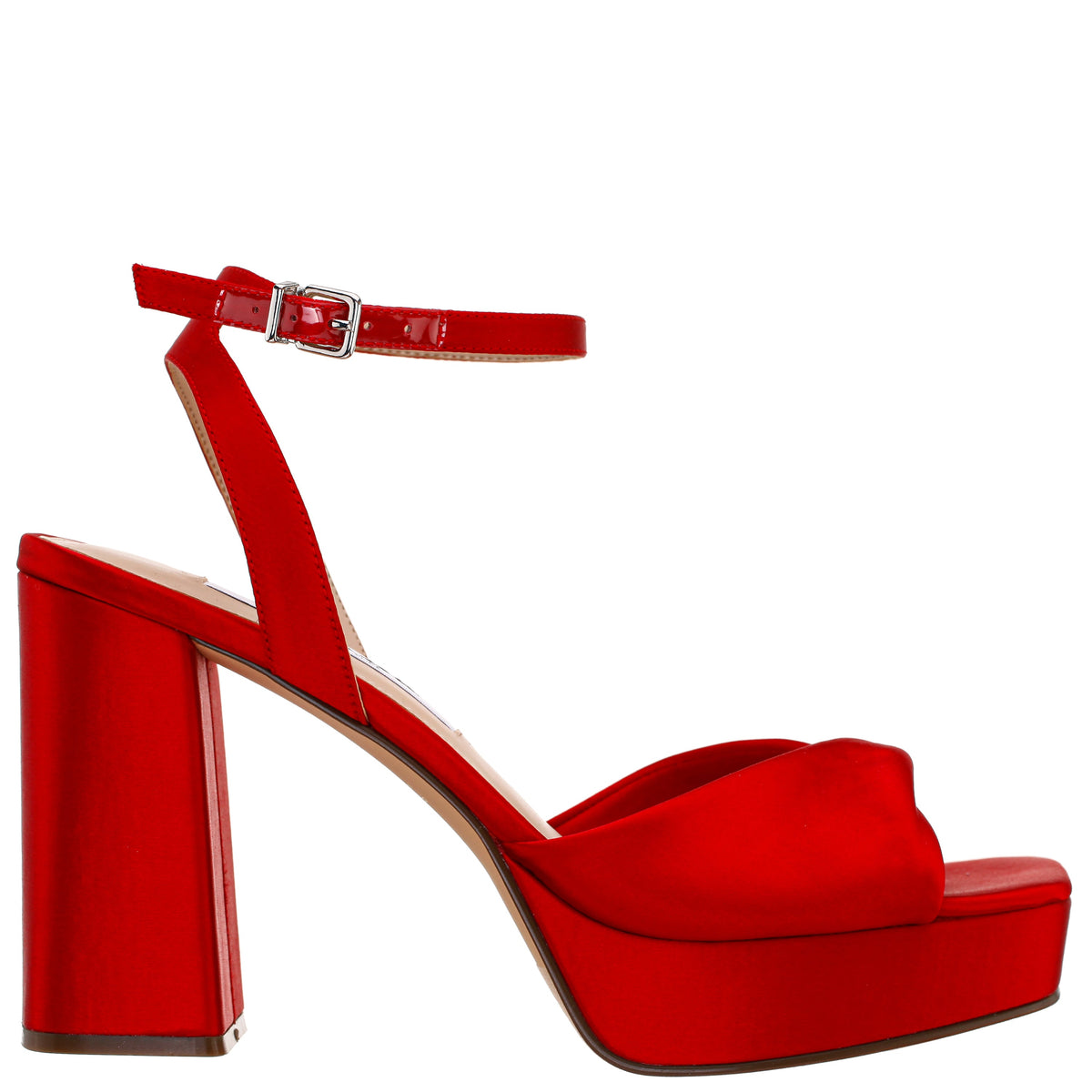 Stacie Red Satin Block-Heel Platform Sandals with Twist-Front and Ankle-Strap | Nina Shoes