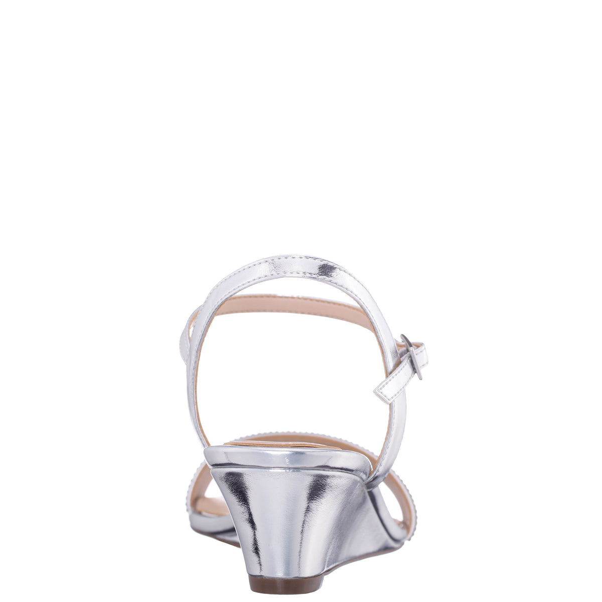 Vonda Silver Metallic Foil Low-Heel Wedge Sandal | Nina Shoes