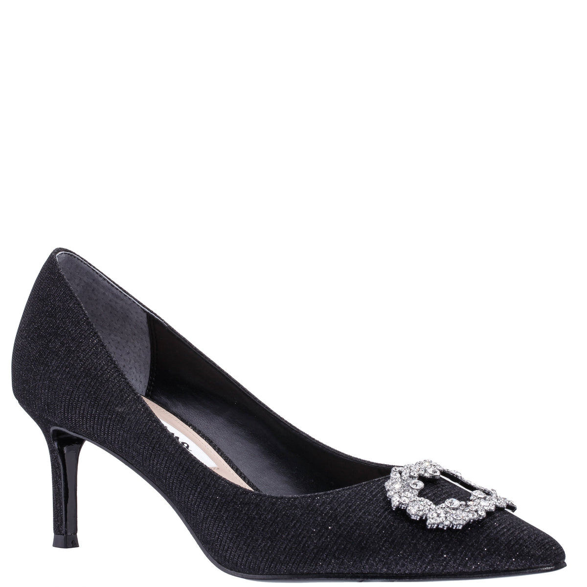 Neya Black Textured Metallic Mid-Heel Pumps with Jeweled Buckle | Nina Shoes