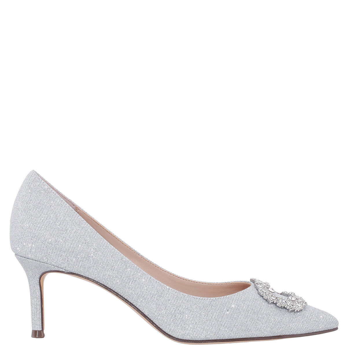 Neya True Silver Textured Metallic Mid-Heel Pumps with Jeweled Buckle | Nina Shoes