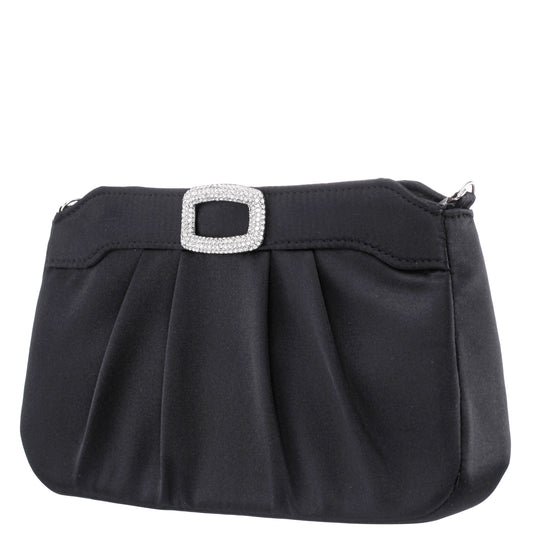 Amy Black Satin / Glass Crystal Clutch | Nina Shoes