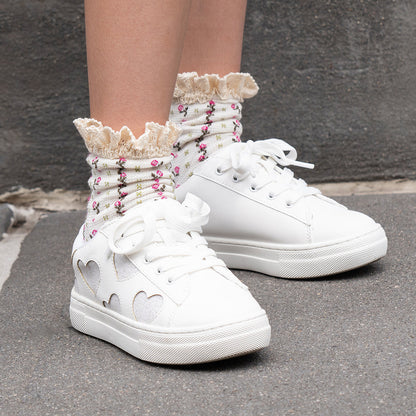 Girls Esti White lace up sneakers with hearts | Nina Shoes