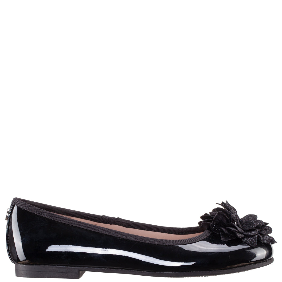 Girls Jeanesse Black patent flower ballet flats | Nina Shoes