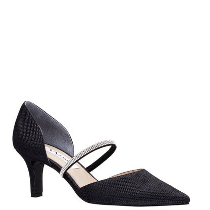 Brystol Black Textured Metallic with Crystal Band Mid-Heel D'Orsay Pumps | Nina Shoes
